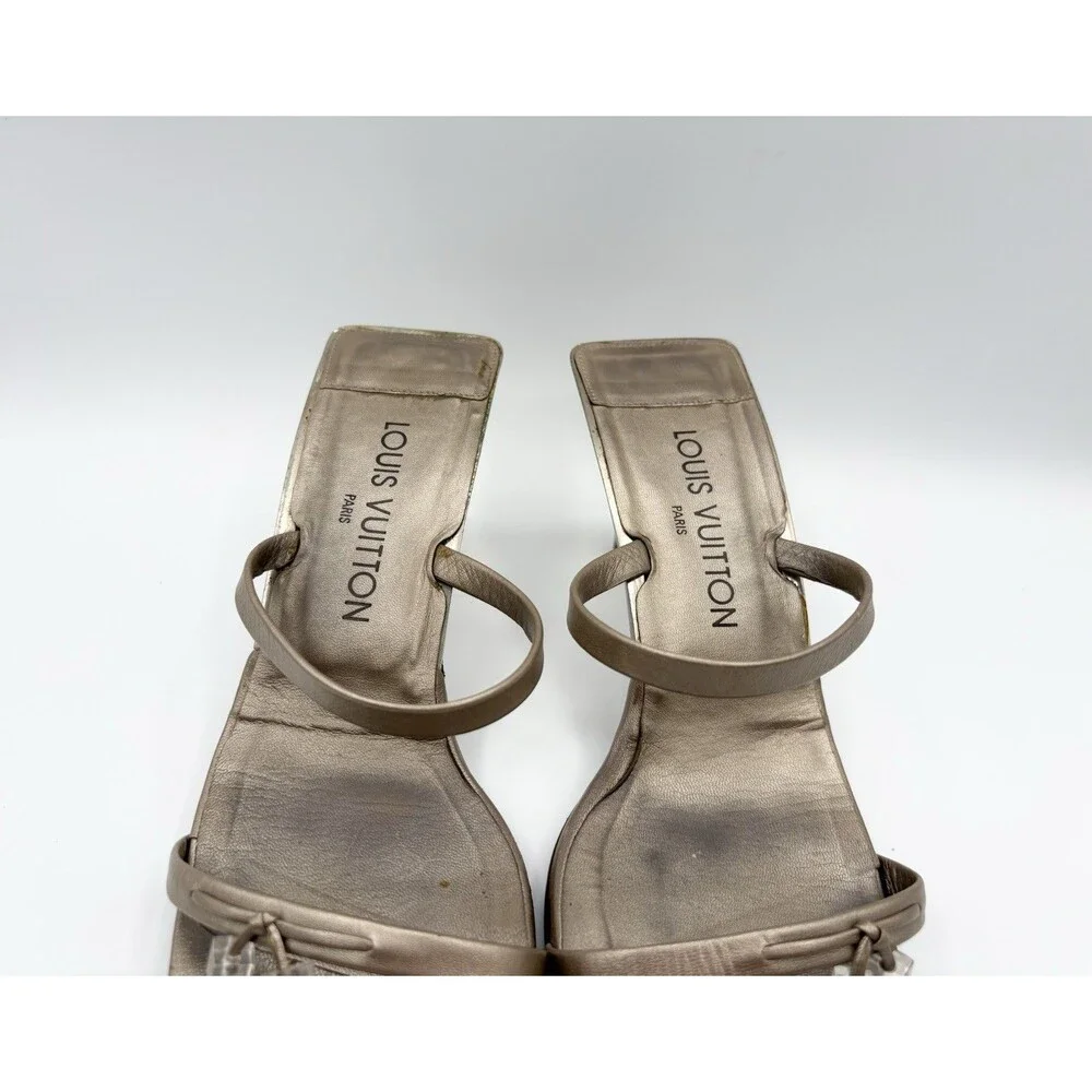 Louis Vuitton Gold Metallic Mule Sandals w/ LV Dice Accent Vintage Size EU 39